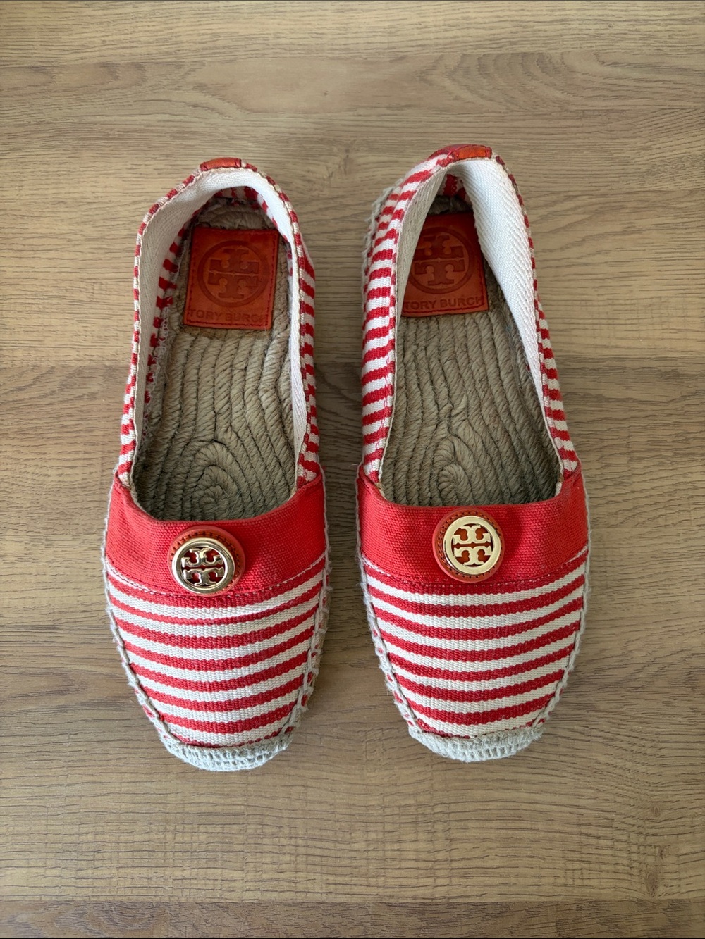 Tory Burch Striped Espadrille Slip-Ons with Gold Logo